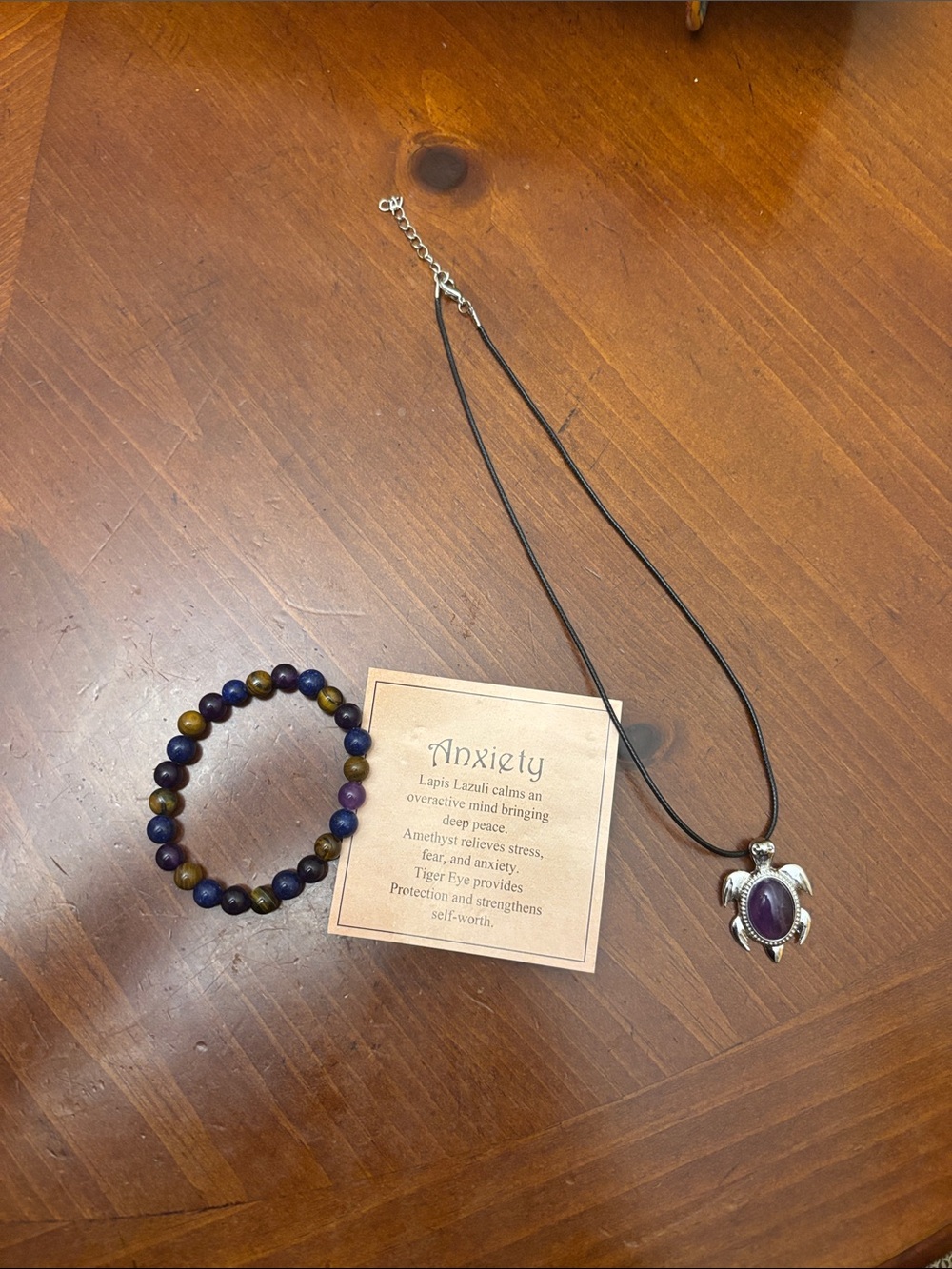 Turtle Pendant Necklace with Purple Stone and Matching Bead Bracelet Set